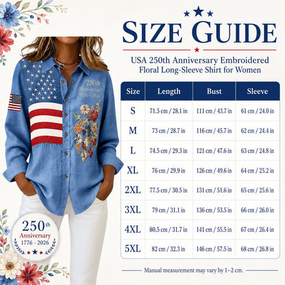 USA 250th Anniversary Embroidered Floral Long‑Sleeve Shirt for Women