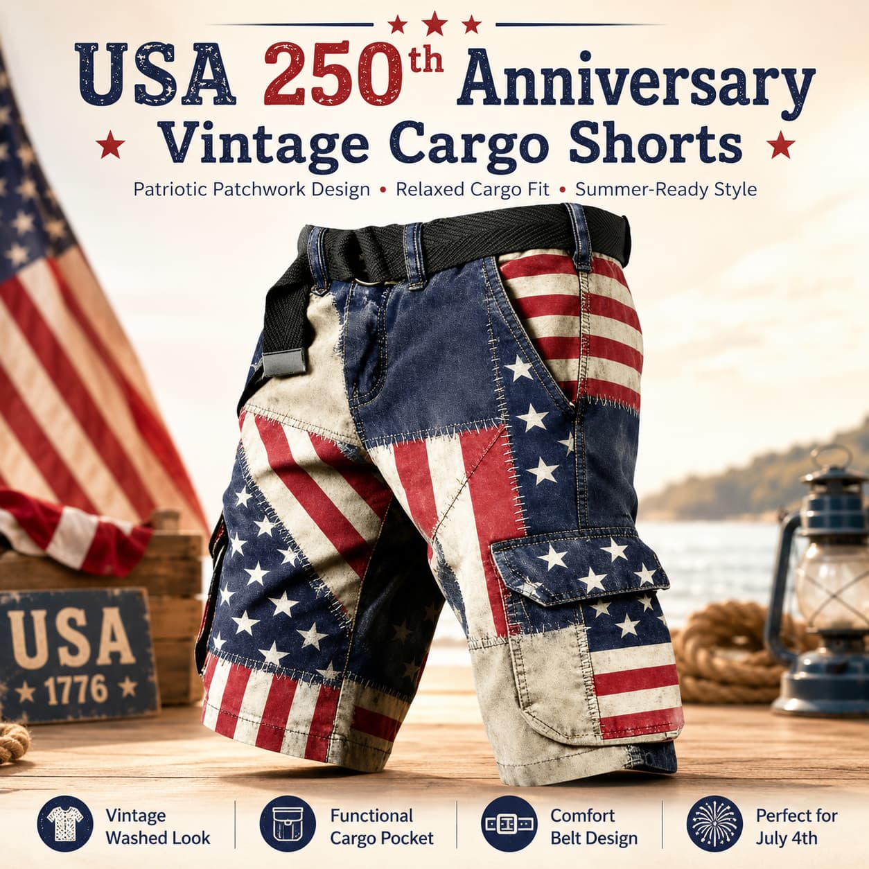 USA 250th Anniversary Vintage Cargo Shorts for Men