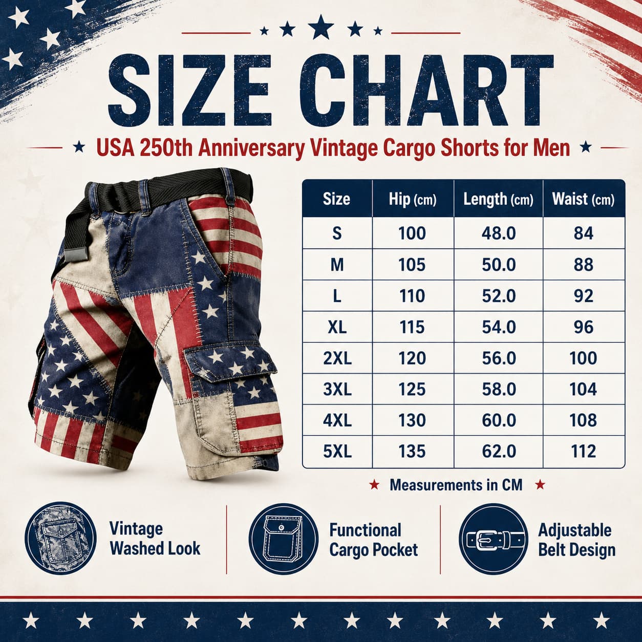 USA 250th Anniversary Vintage Cargo Shorts for Men