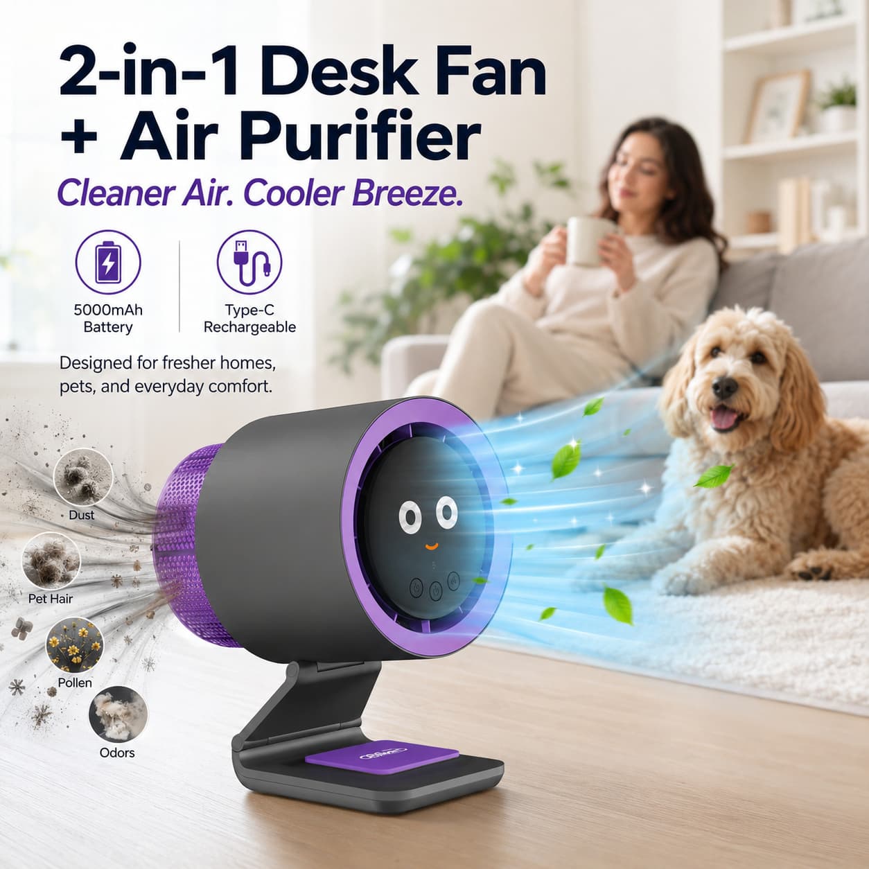 2-in-1 Desktop Cooling & 10‑Stage Purification Air Purifier Fan