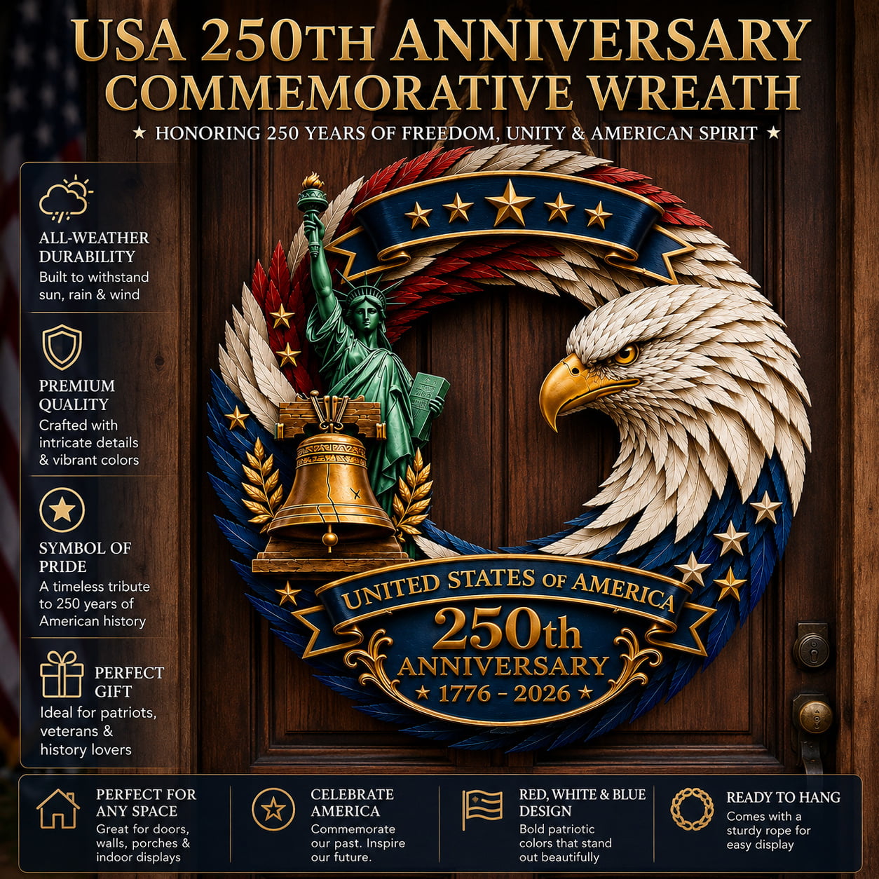 USA 250th Anniversary Commemorative Patriotic Eagle Feather Wreath